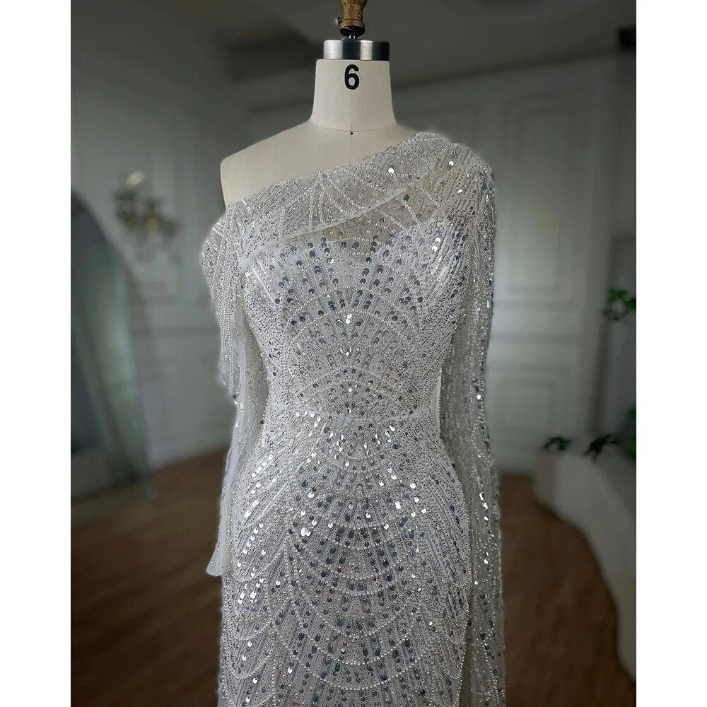 Vestido de noche de lujo con cuentas y perlas, corte sirena, un hombro, LA72139