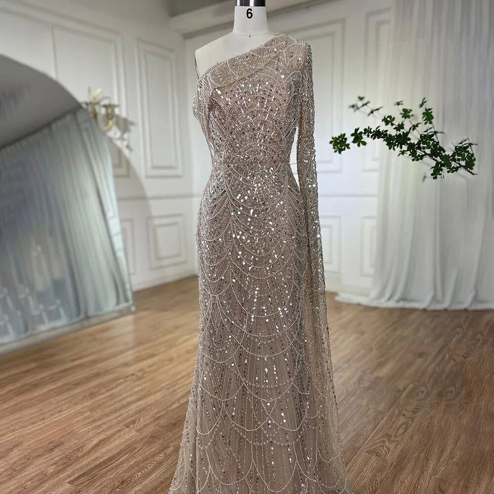 Vestido de noche de lujo con cuentas y perlas, corte sirena, un hombro, LA72139