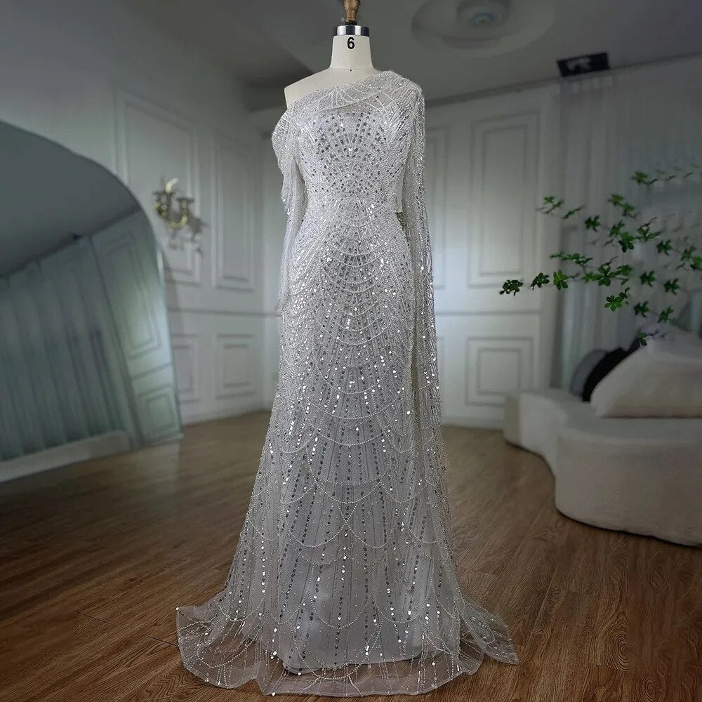 Vestido de noche de lujo con cuentas y perlas, corte sirena, un hombro, LA72139