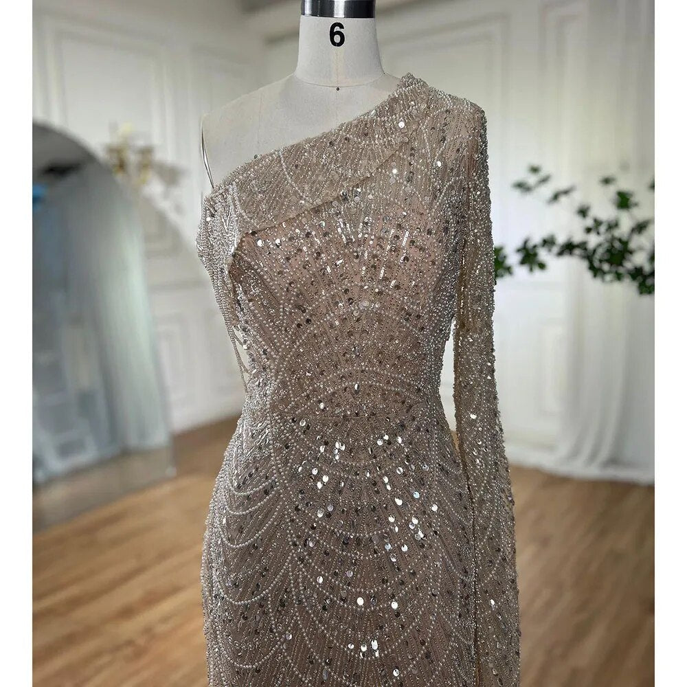 Vestido de noche de lujo con cuentas y perlas, corte sirena, un hombro, LA72139