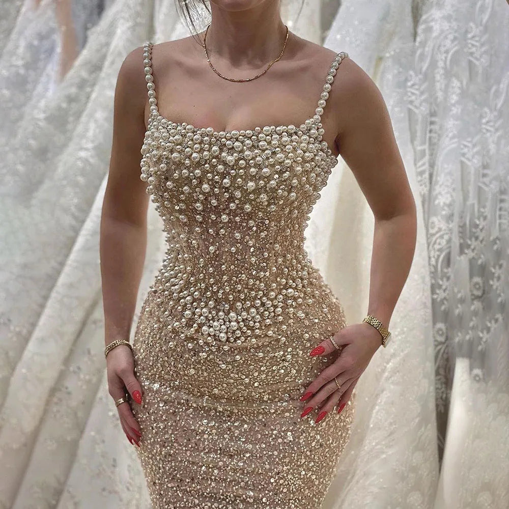 Vestido de noche sirena color piel: elegante y lujoso, con cuentas de perlas. Perfecto para la fiesta de bodas de 2025. LA72321