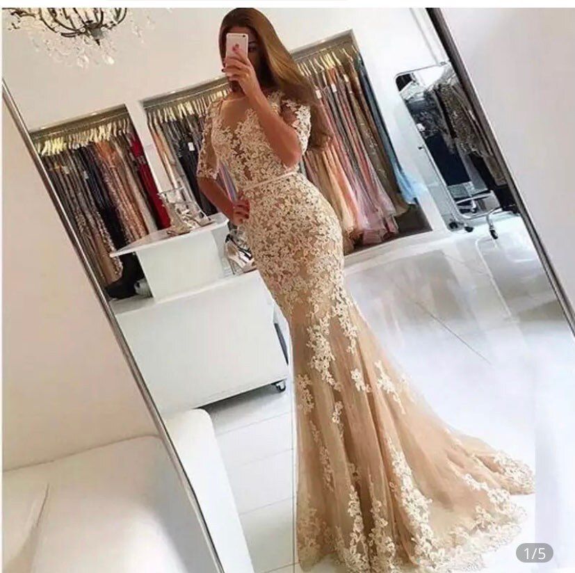 Vestidos de noche musulmanes de lujo con encaje de sirena color nude y cuentas, vestidos de fiesta 2025 para mujer LA71193
