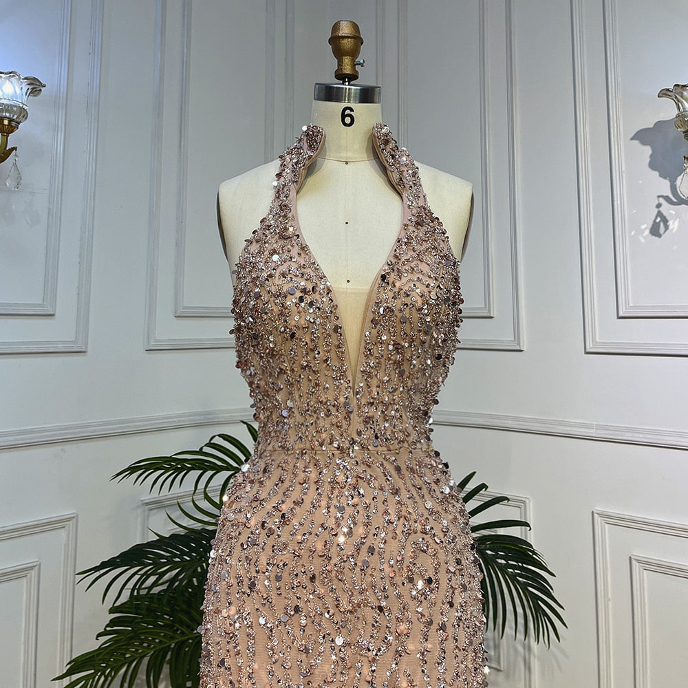 Nude Mermaid Sexy Halter High Split Beads Arabic Evening Dresses Gowns For Women Wedding Party 2025 LA72025