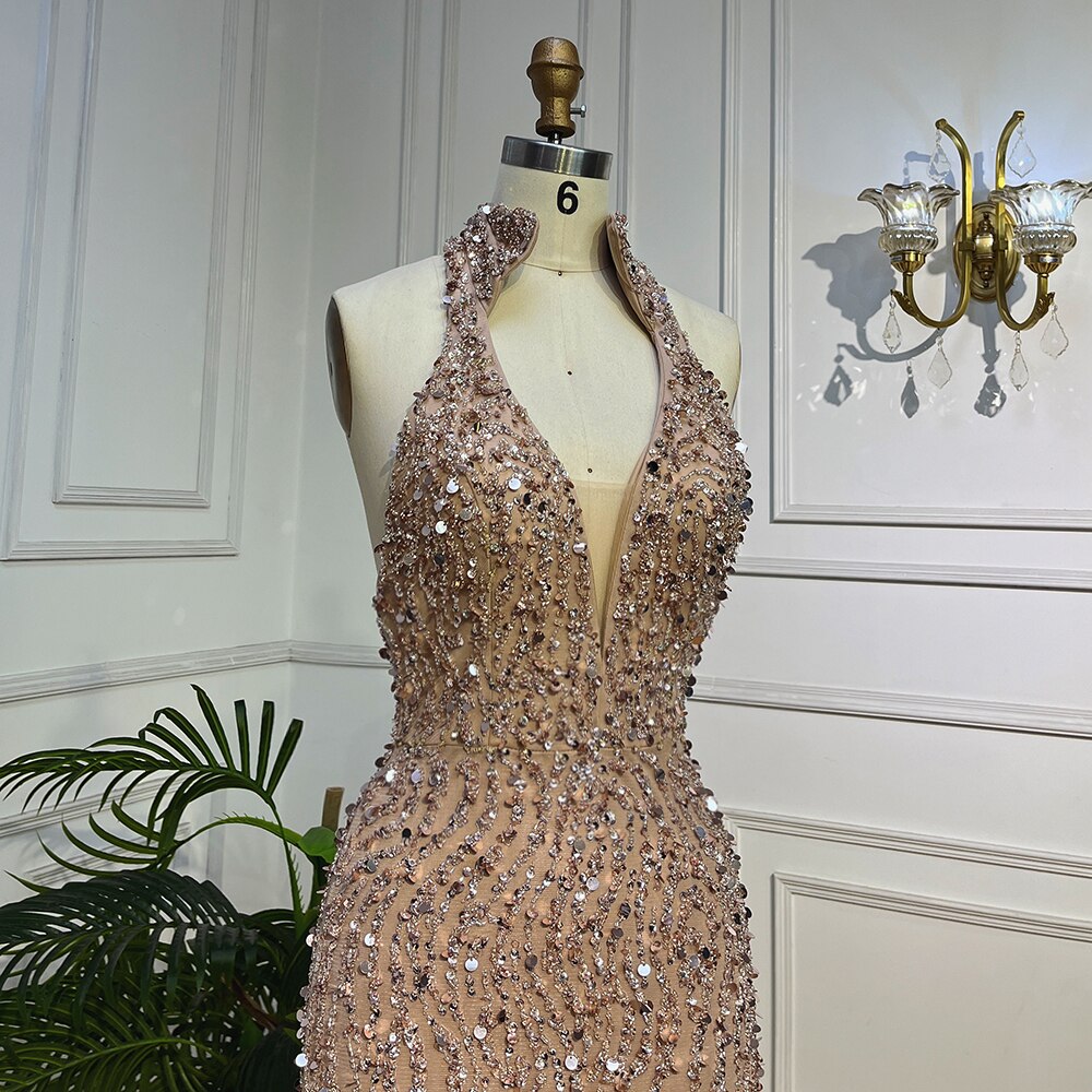 Nude Mermaid Sexy Halter High Split Beads Arabic Evening Dresses Gowns For Women Wedding Party 2025 LA72025