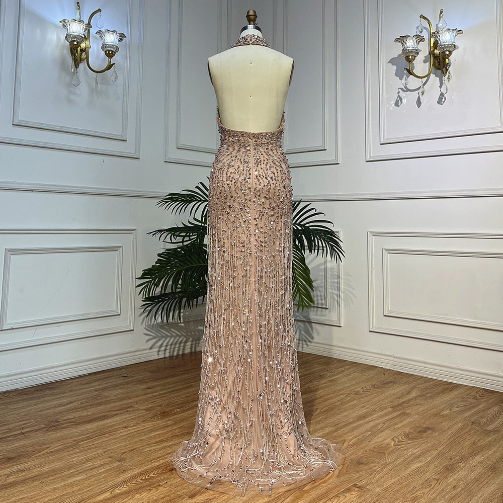 Nude Mermaid Sexy Halter High Split Beads Arabic Evening Dresses Gowns For Women Wedding Party 2025 LA72025