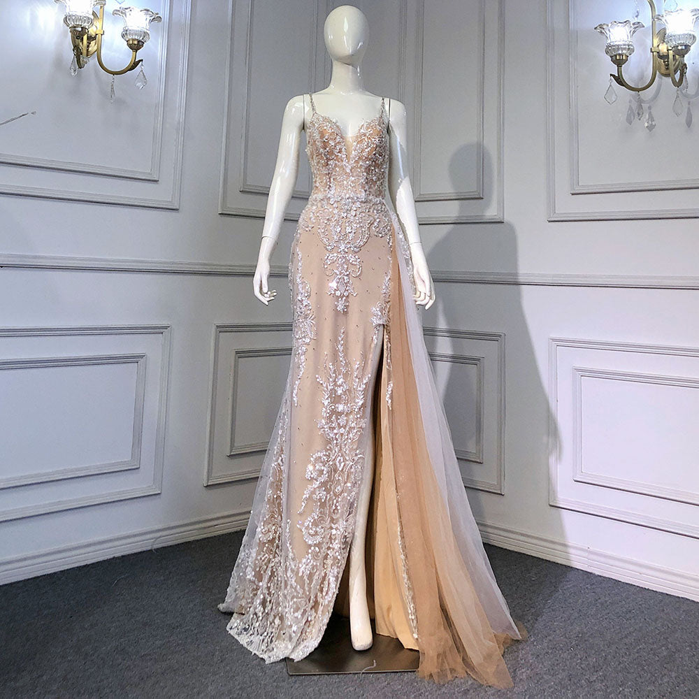 Nude Spaghetti Strap Luxury Evening Dresses Gowns 2025 Mermaid Beaded Elegant Overskirt For Women Party LA71599