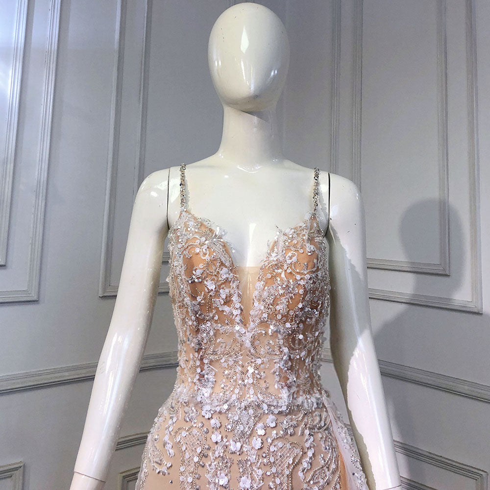 Nude Spaghetti Strap Luxury Evening Dresses Gowns 2025 Mermaid Beaded Elegant Overskirt For Women Party LA71599