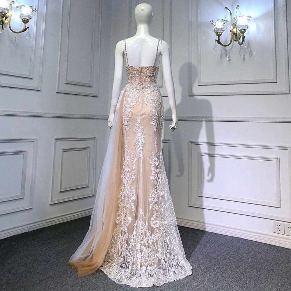 Nude Spaghetti Strap Luxury Evening Dresses Gowns 2025 Mermaid Beaded Elegant Overskirt For Women Party LA71599