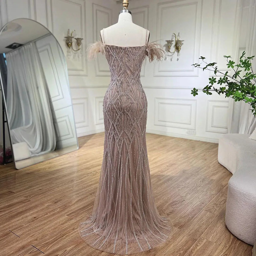 Nude Spaghetti Straps Elegant Mermaid Evening Dresses Gowns Luxury Beaded Feathers For Woman Party 2025 LA72028A