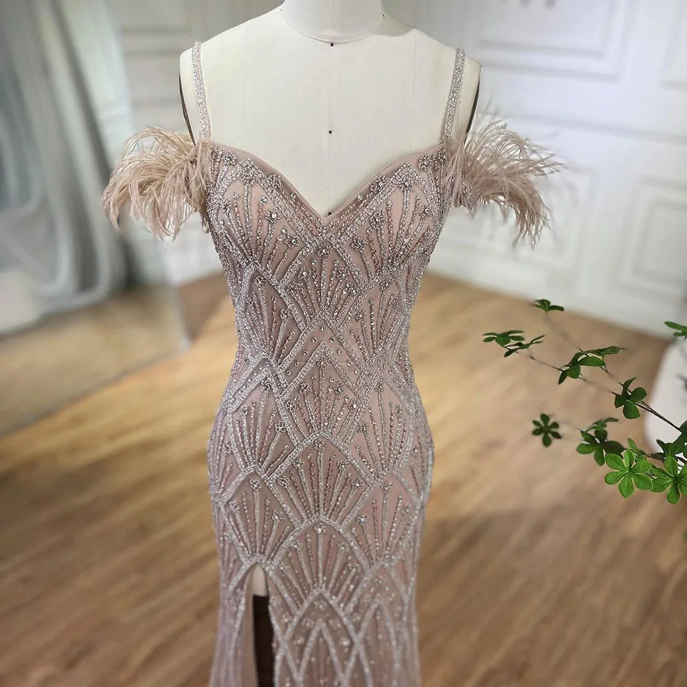 Nude Spaghetti Straps Elegant Mermaid Evening Dresses Gowns Luxury Beaded Feathers For Woman Party 2025 LA72028A