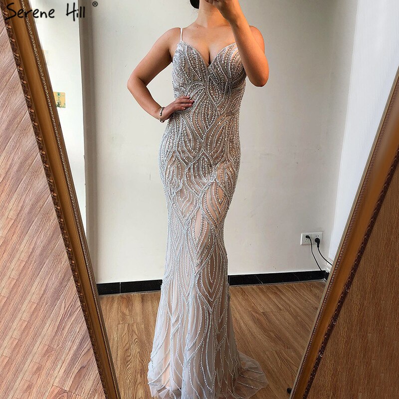 Nude White Mermaid Evening Dresses Gowns 2025 Spaghetti Strap Luxury Elegant For Women Party LA70214