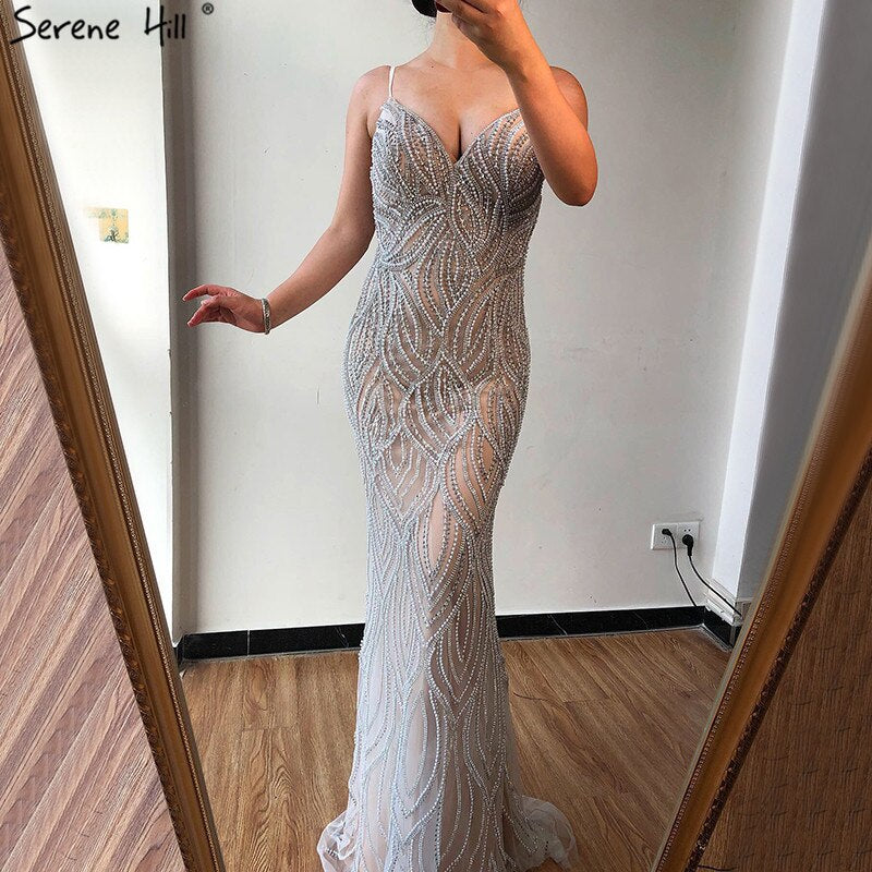 Nude White Mermaid Evening Dresses Gowns 2025 Spaghetti Strap Luxury Elegant For Women Party LA70214
