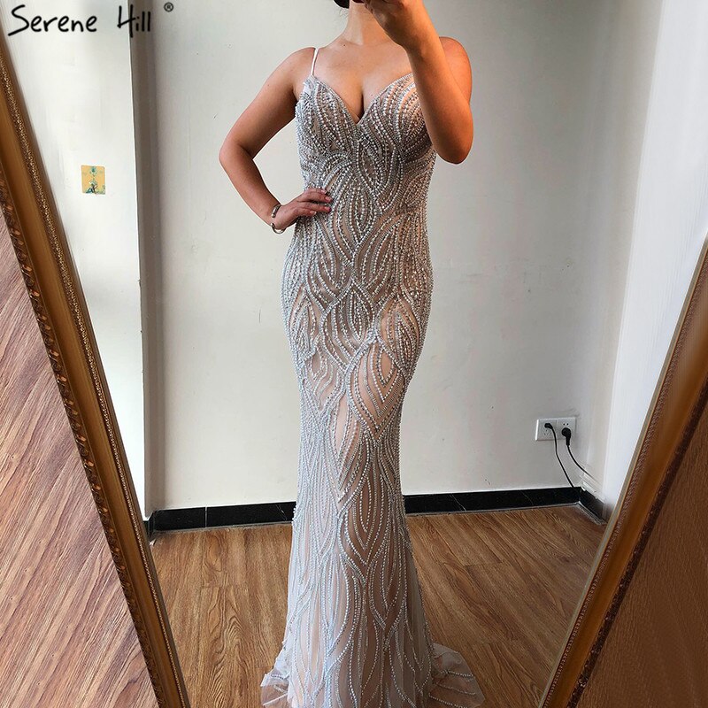 Nude White Mermaid Evening Dresses Gowns 2025 Spaghetti Strap Luxury Elegant For Women Party LA70214