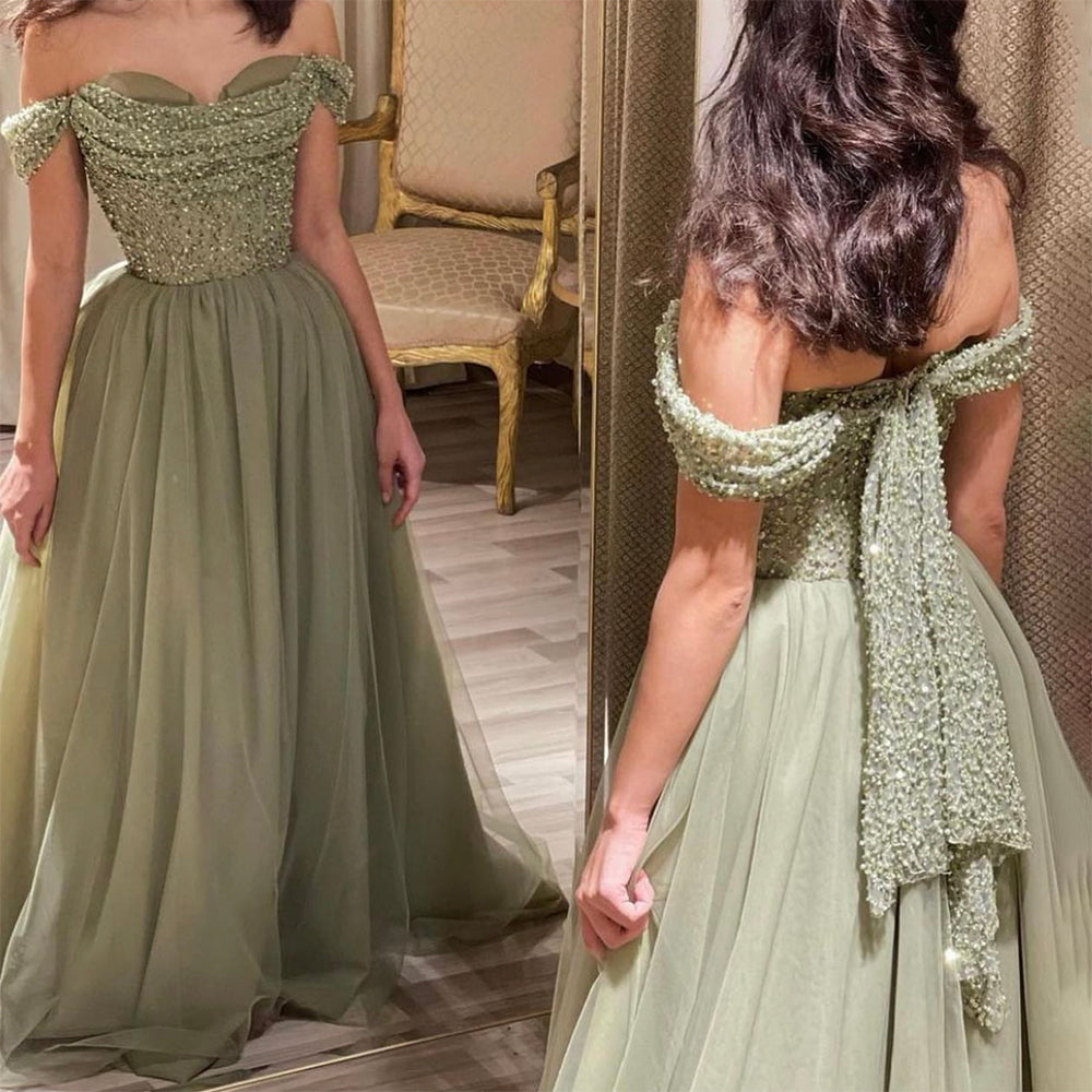 Olive Green A-Line Sweetheart Neck Evening Dresses Gowns 2025 Luxury Beaded For Woman Party LA71681