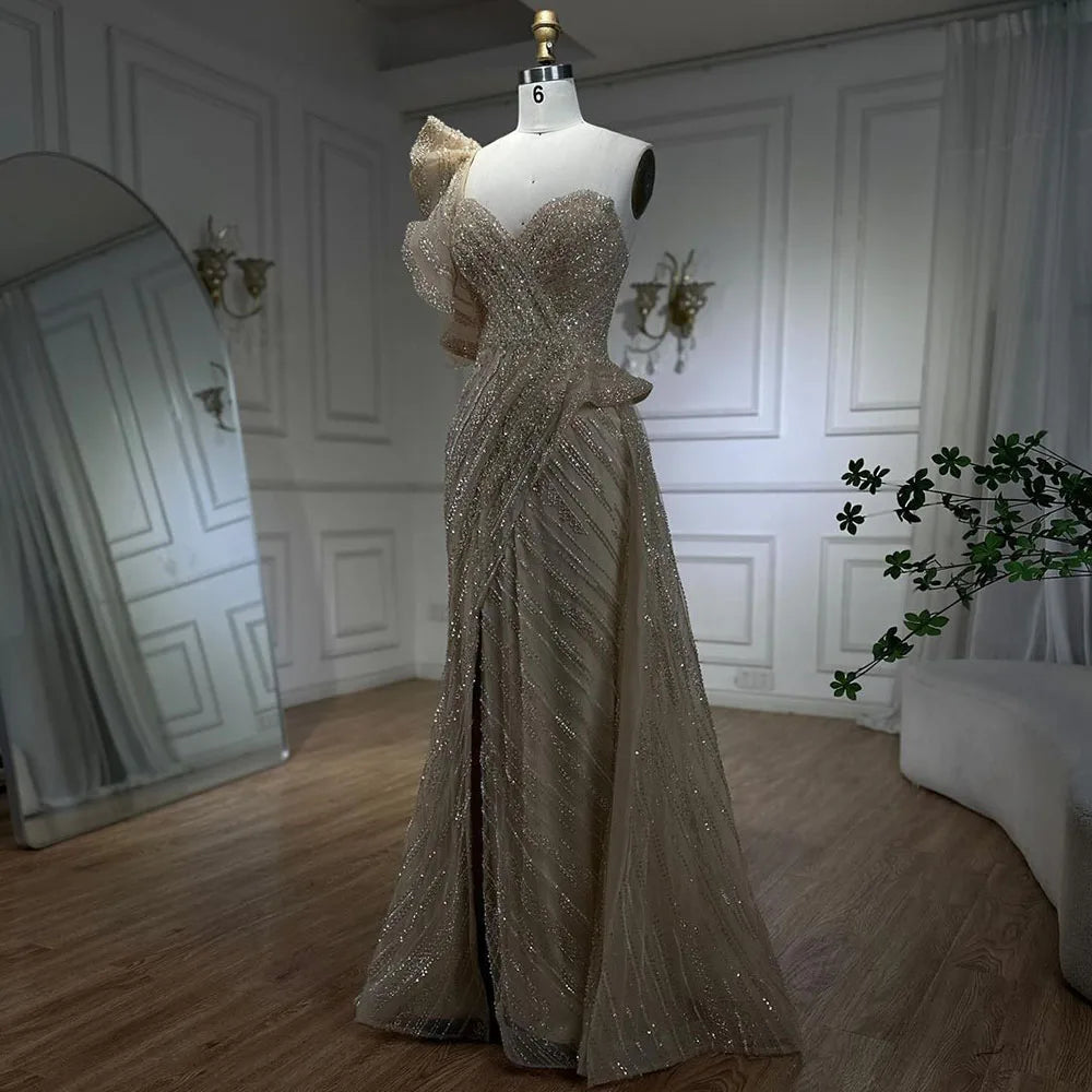 One-Shoulder nude Mermaid With Overskirt Beaded Evening Dress Gown for Women's Wedding Party 2025 LA72389