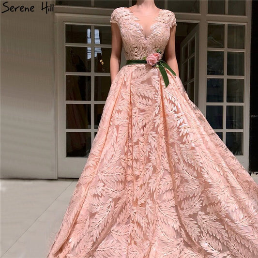 Vestido de noche con cinturón y flores color melocotón, corte A, mangas cortas, sexy, para mujer, fiesta, LA60771, 2025