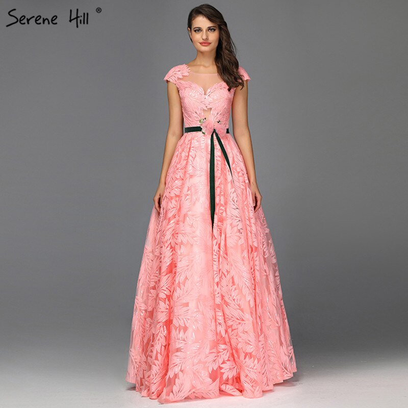 Vestido de noche con cinturón y flores color melocotón, corte A, mangas cortas, sexy, para mujer, fiesta, LA60771, 2025