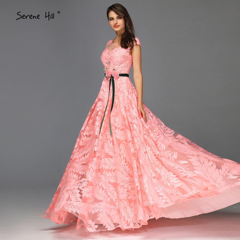 Vestido de noche con cinturón y flores color melocotón, corte A, mangas cortas, sexy, para mujer, fiesta, LA60771, 2025