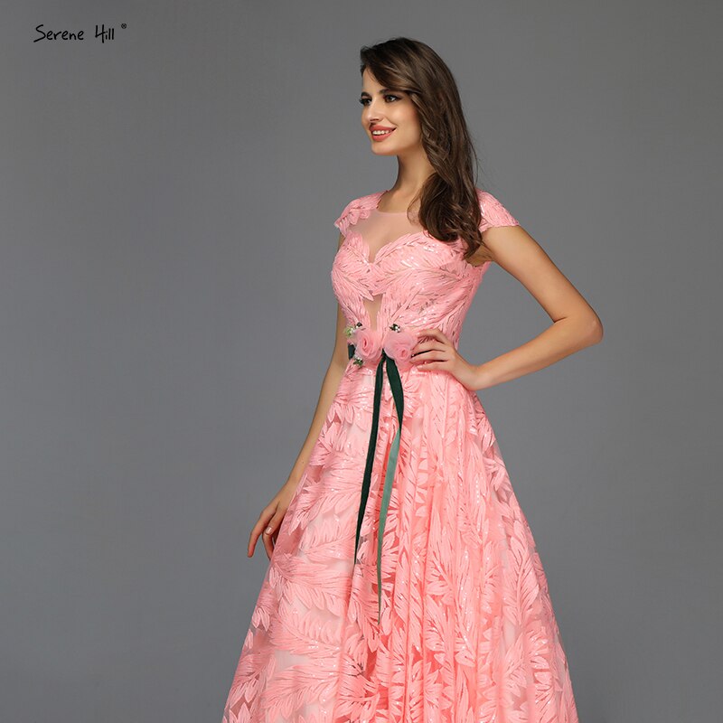 Vestido de noche con cinturón y flores color melocotón, corte A, mangas cortas, sexy, para mujer, fiesta, LA60771, 2025