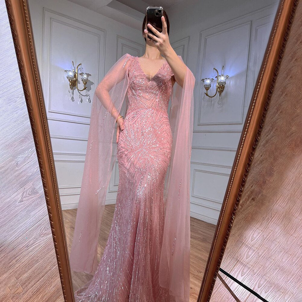 Peach Pink Mermaid Elegant Cape Sleeves Beaded Evening Dresses Formal Arabic Gowns 2025 For Women Party LA72038