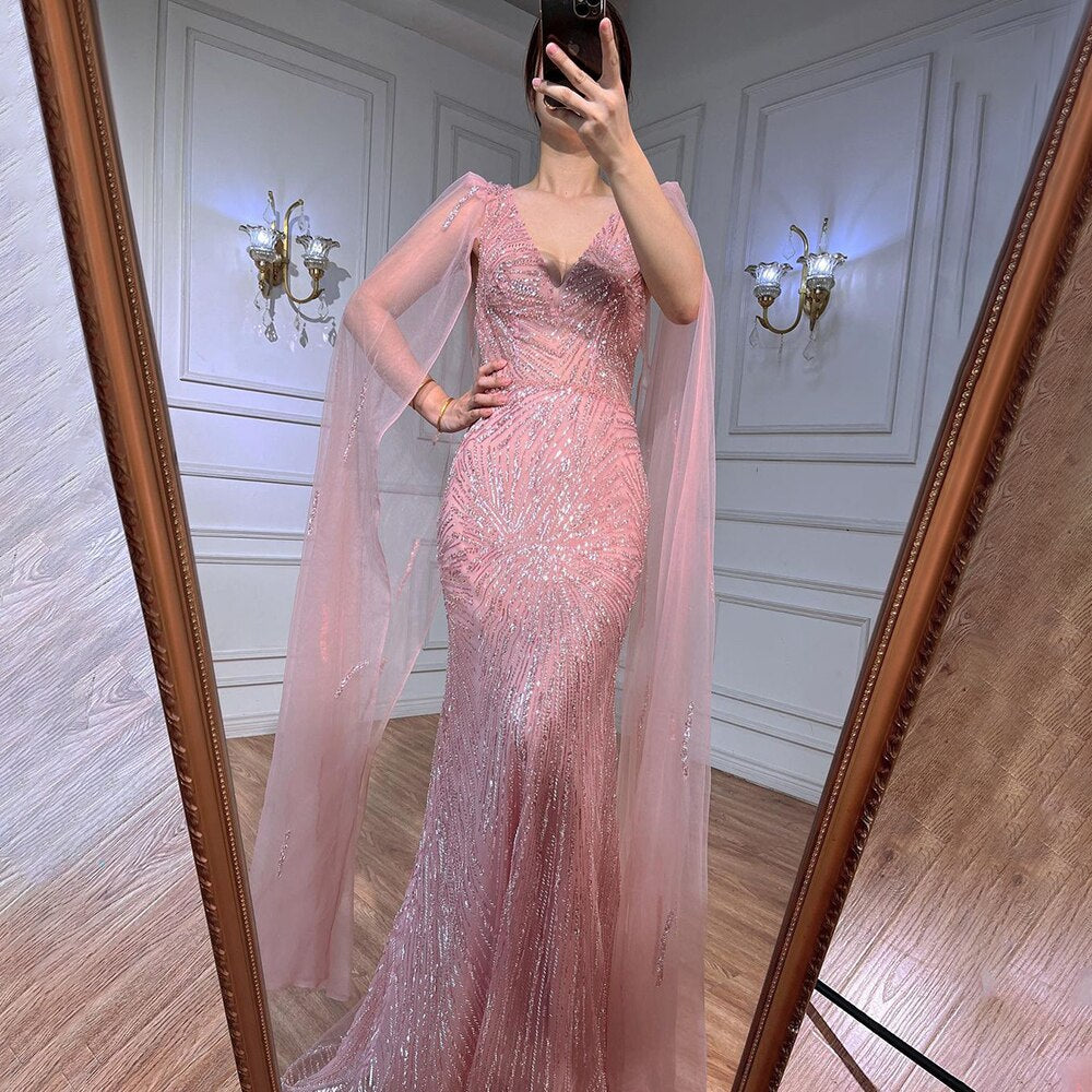 Peach Pink Mermaid Elegant Cape Sleeves Beaded Evening Dresses Formal Arabic Gowns 2025 For Women Party LA72038