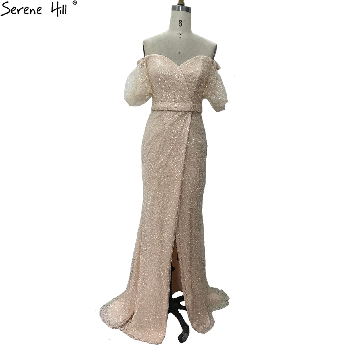 Peach Puff Sleeves Luxury Evening Dresses Gowns Split Mermaid Elagant For Women Party LA70736