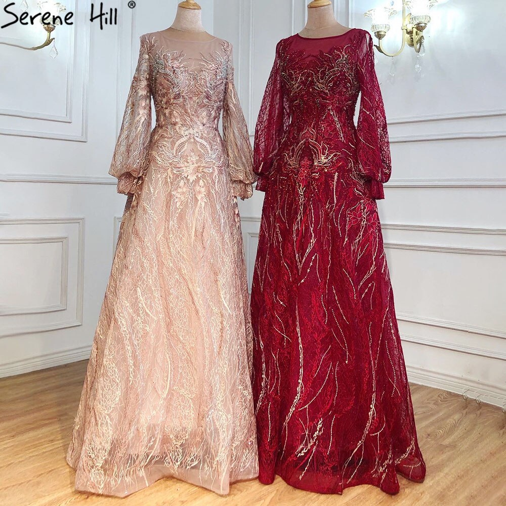 Sale Pink A-Line Luxury Evening Dresses 2025 lantern Long Sleeves Beading Lace Formal Dress LA70676