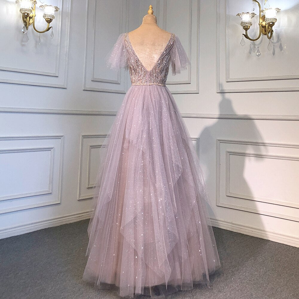 Pink A-Line Sexy V-Neck Evening Gowns Luxury Beaded Dresses Long 2025 For Women Wedding Party LA71710