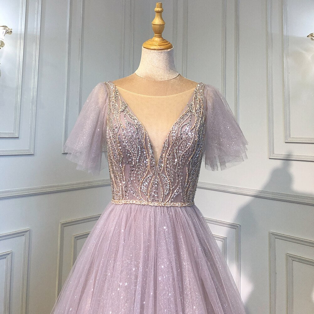 Pink A-Line Sexy V-Neck Evening Gowns Luxury Beaded Dresses Long 2025 For Women Wedding Party LA71710