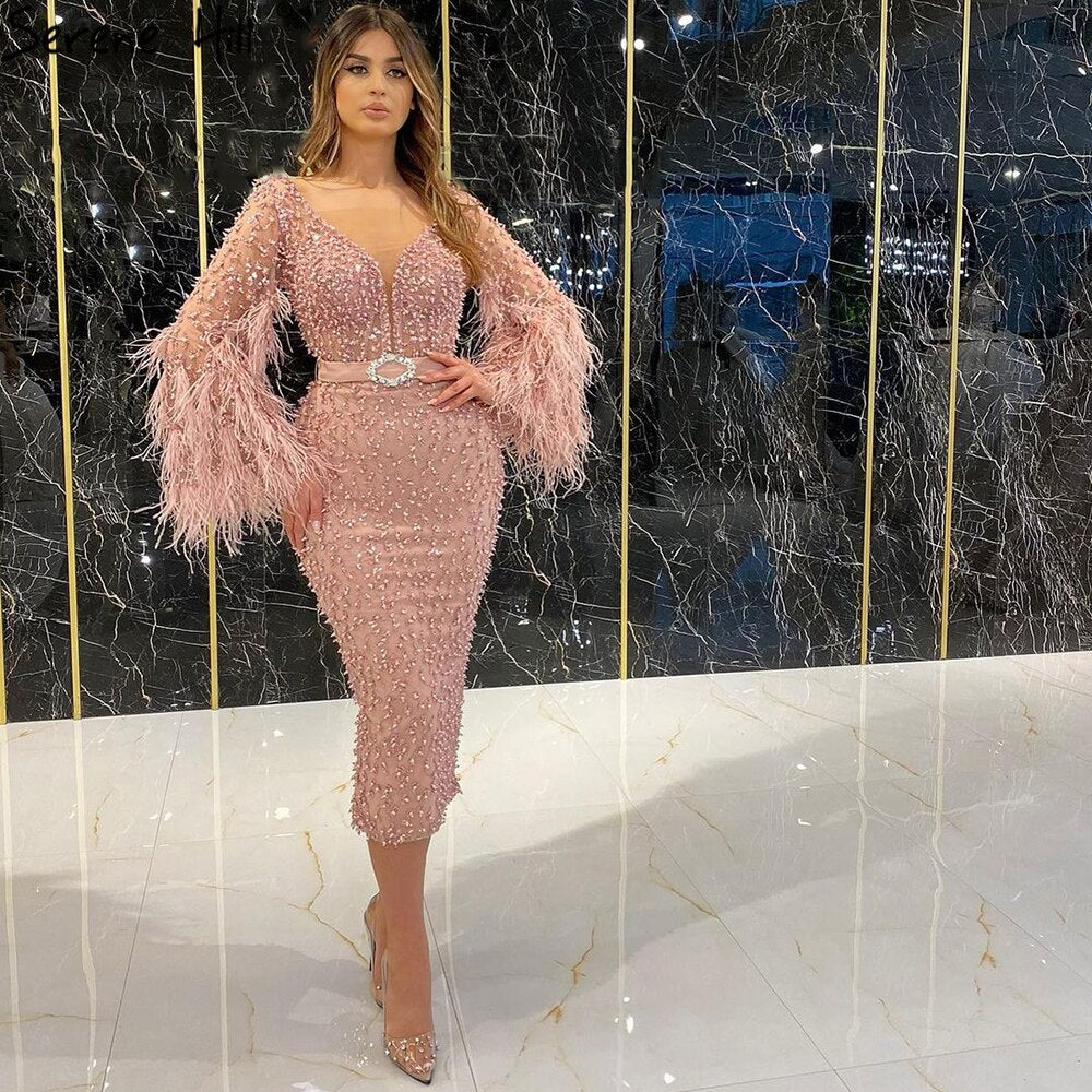 Pink Beaded Feather Evening Dresses Gowns 2025 Mermaid Elegant Tea Length For Women Party LA71205