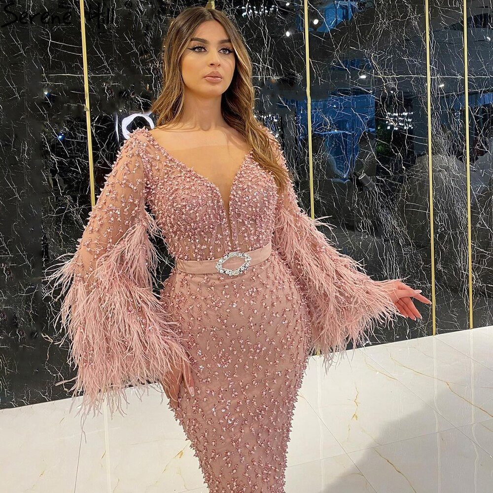 Pink Beaded Feather Evening Dresses Gowns 2025 Mermaid Elegant Tea Length For Women Party LA71205