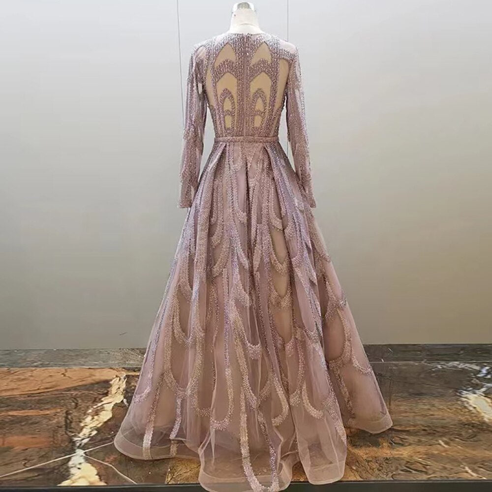 Pink Beaded Muslim Evening Dresses Gowns 2025 Luxury A-Line Puff Sleeve For Women Party LA71758