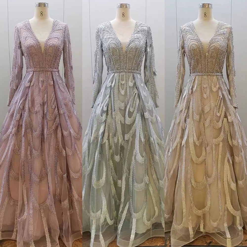Pink Beaded Muslim Evening Dresses Gowns 2025 Luxury A-Line Puff Sleeve For Women Party LA71758