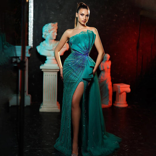 Vestidos de fiesta de noche con escote sirena, sin tirantes, con cuentas y abertura alta, color verde, 2025, sexys, LA72090