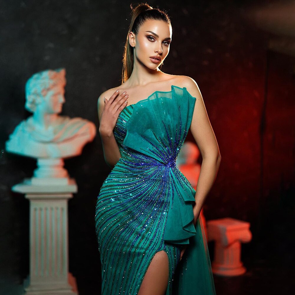 Vestidos de fiesta de noche con escote sirena, sin tirantes, con cuentas y abertura alta, color verde, 2025, sexys, LA72090
