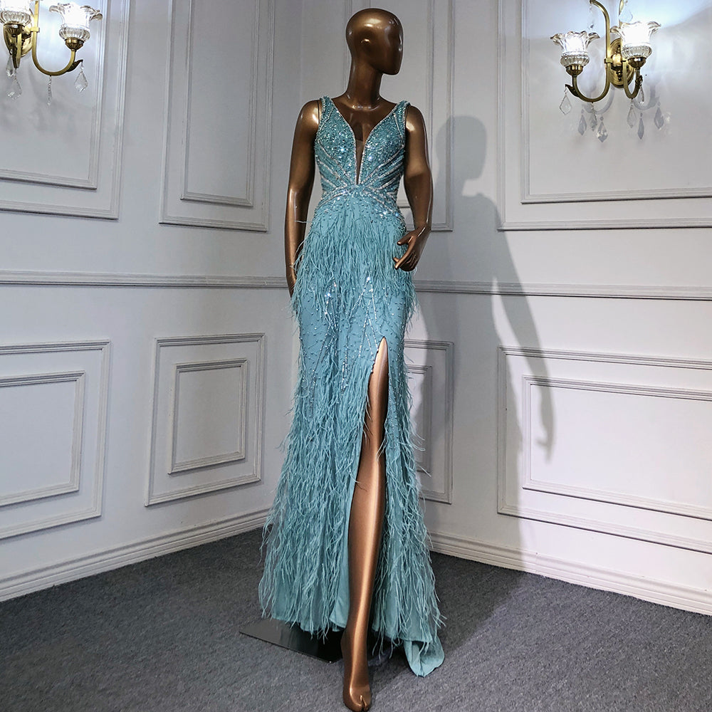 Pink High Split Mermaid Evening Dresses Gowns 2025 Backless Luxury Beaded Feather For Women Party LA71583