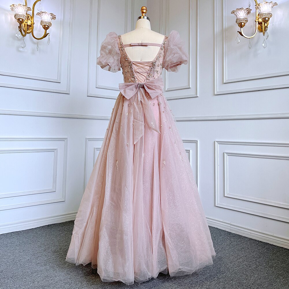 Pink Luxury A Line Beaded Sexy Lace Up Short Sleeves Evening Dresses Gowns 2025 For Women Party LA71773