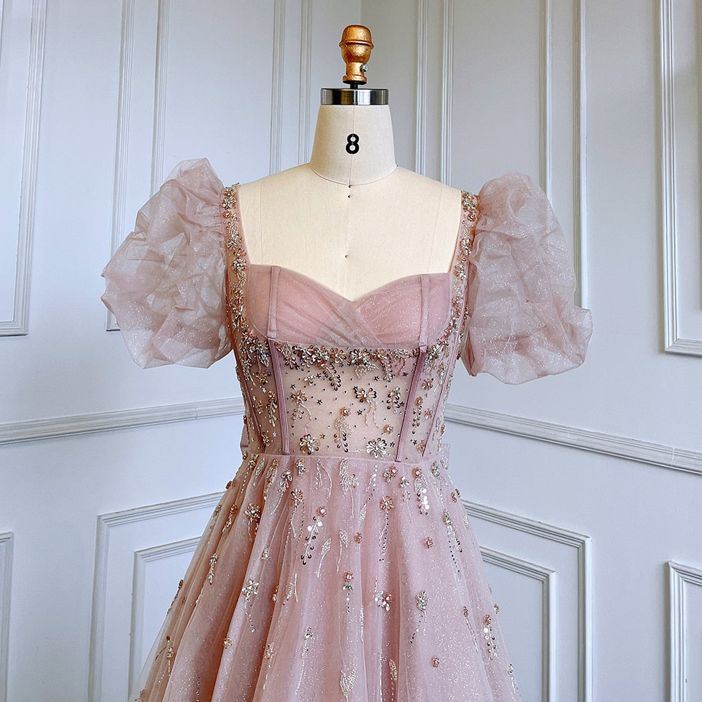 Pink Luxury A Line Beaded Sexy Lace Up Short Sleeves Evening Dresses Gowns 2025 For Women Party LA71773