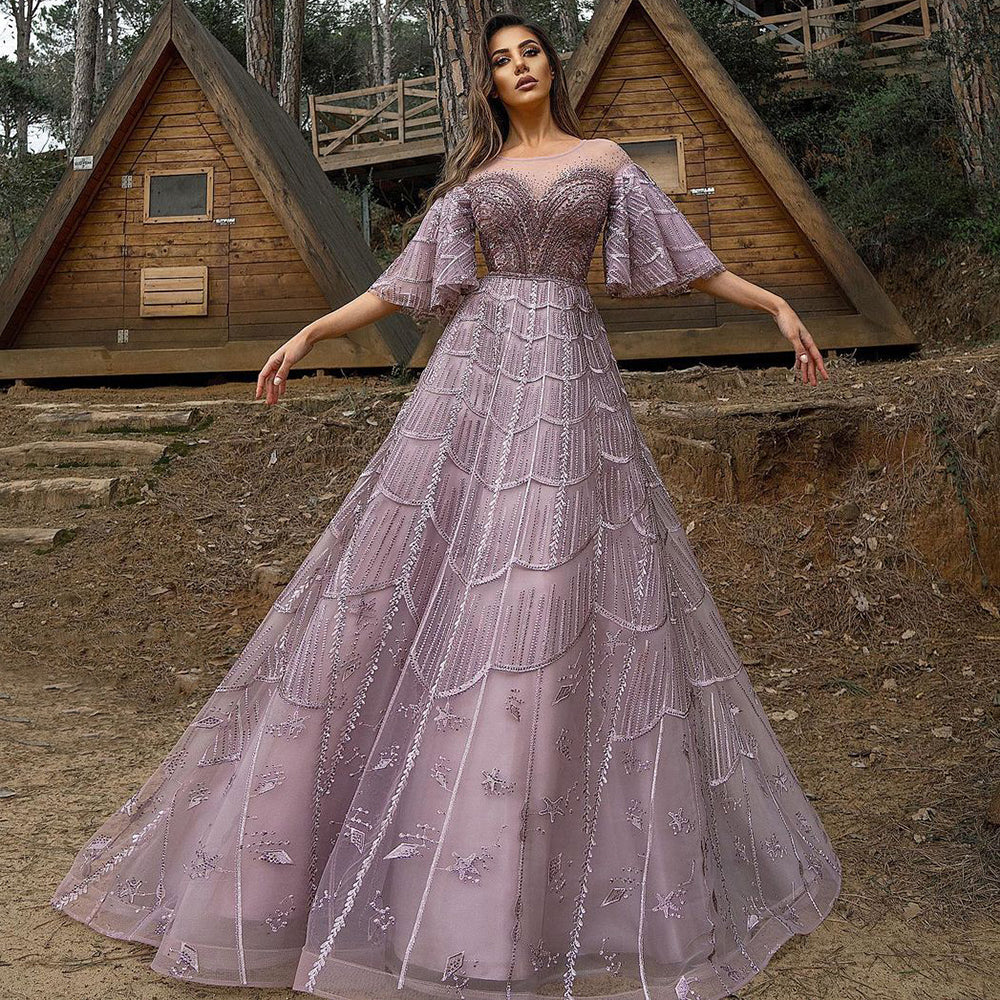 Pink Luxury A-Line Evening Dresses Gowns 2025 Flare Sleeves Beaded For Women Party LA71600
