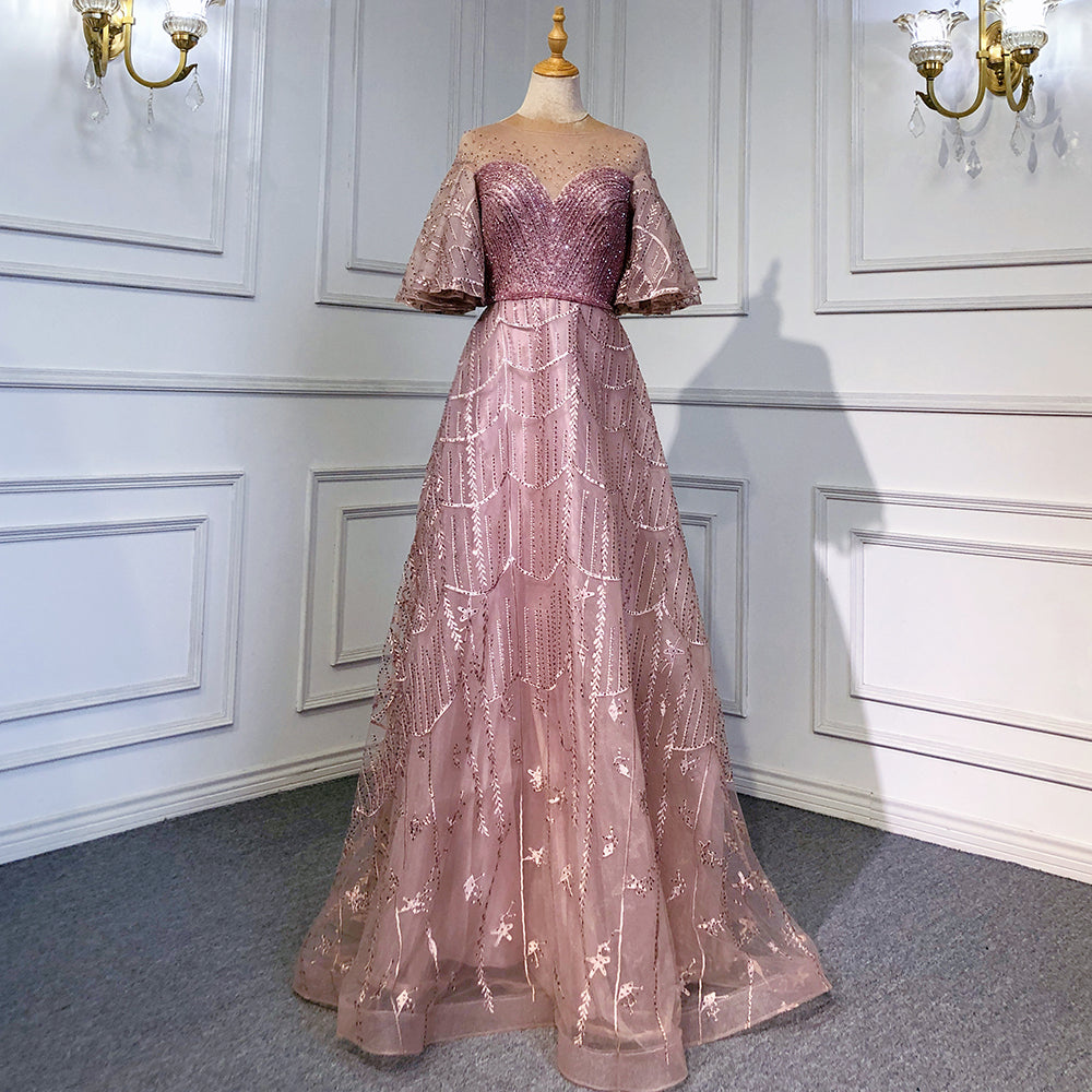 Pink Luxury A-Line Evening Dresses Gowns 2025 Flare Sleeves Beaded For Women Party LA71600