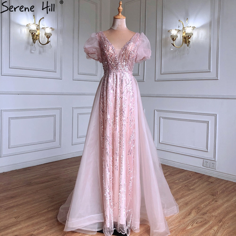 Pink Luxury Overskirt Evening Dresses Gowns 2025 Beaded Puffy Short Sleeves For Women Party LA71361