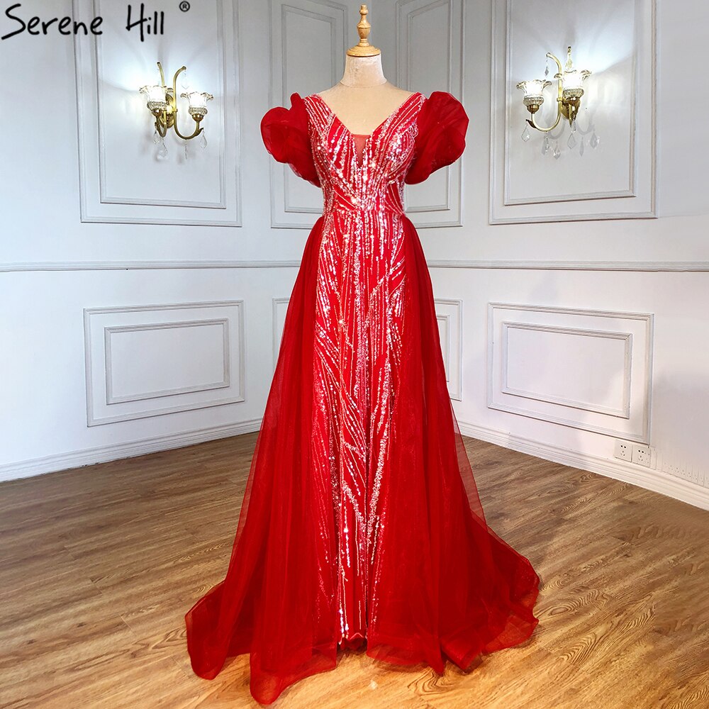 Pink Luxury Overskirt Evening Dresses Gowns 2025 Beaded Puffy Short Sleeves For Women Party LA71361