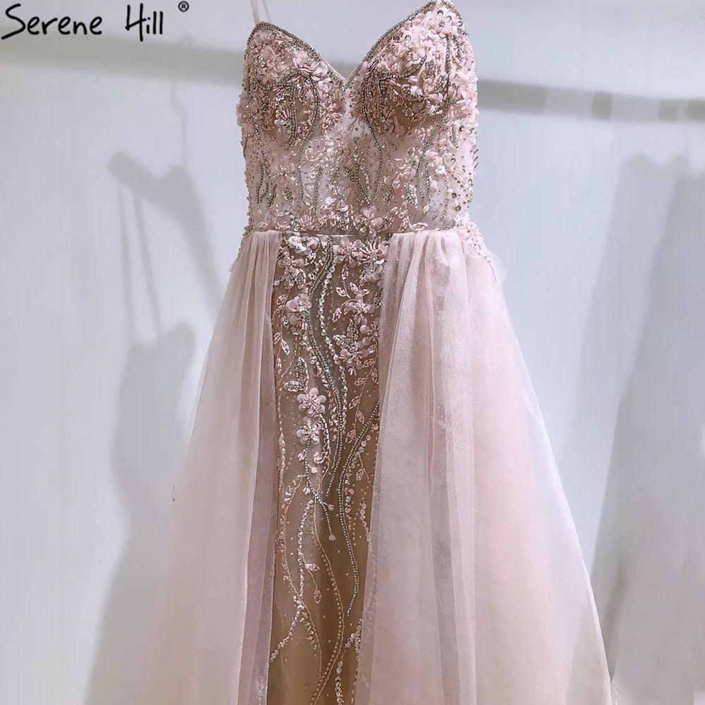 Pink Luxury Overskirt Evening Dresses Gowns 2025 Spaghetti Strap Beaded Mermaid For Woman Party LA71216