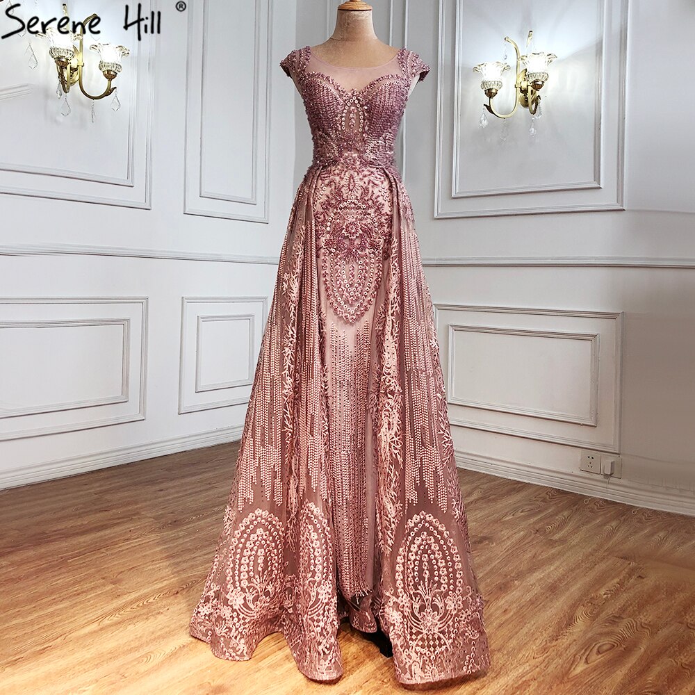 Pink Luxury With Overskirt Evening Dresses Gowns 2025 Lace Beaded Crystal Mermaid For Woman Party LA71080