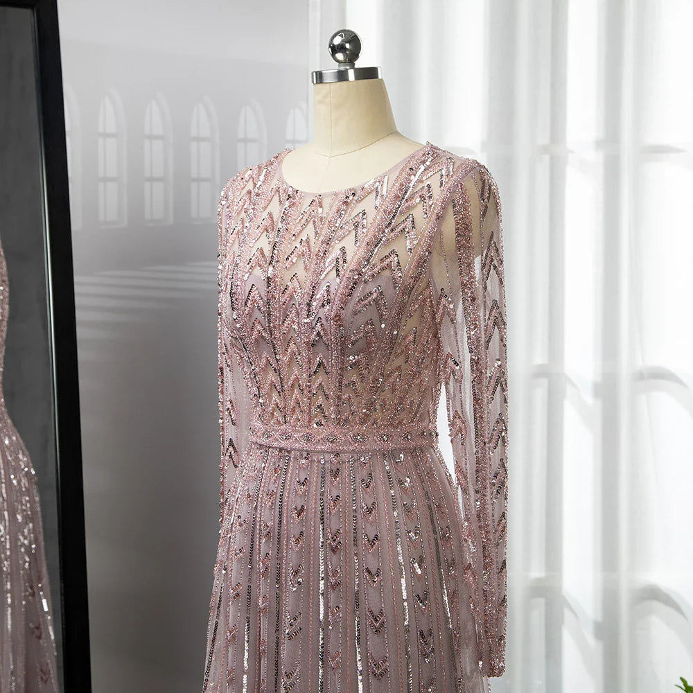 Pink Mermaid Elegant O-Neck Long SleevesEvening Dresses Gowns Luxury Beaded 2025 For Woman Party LA71696