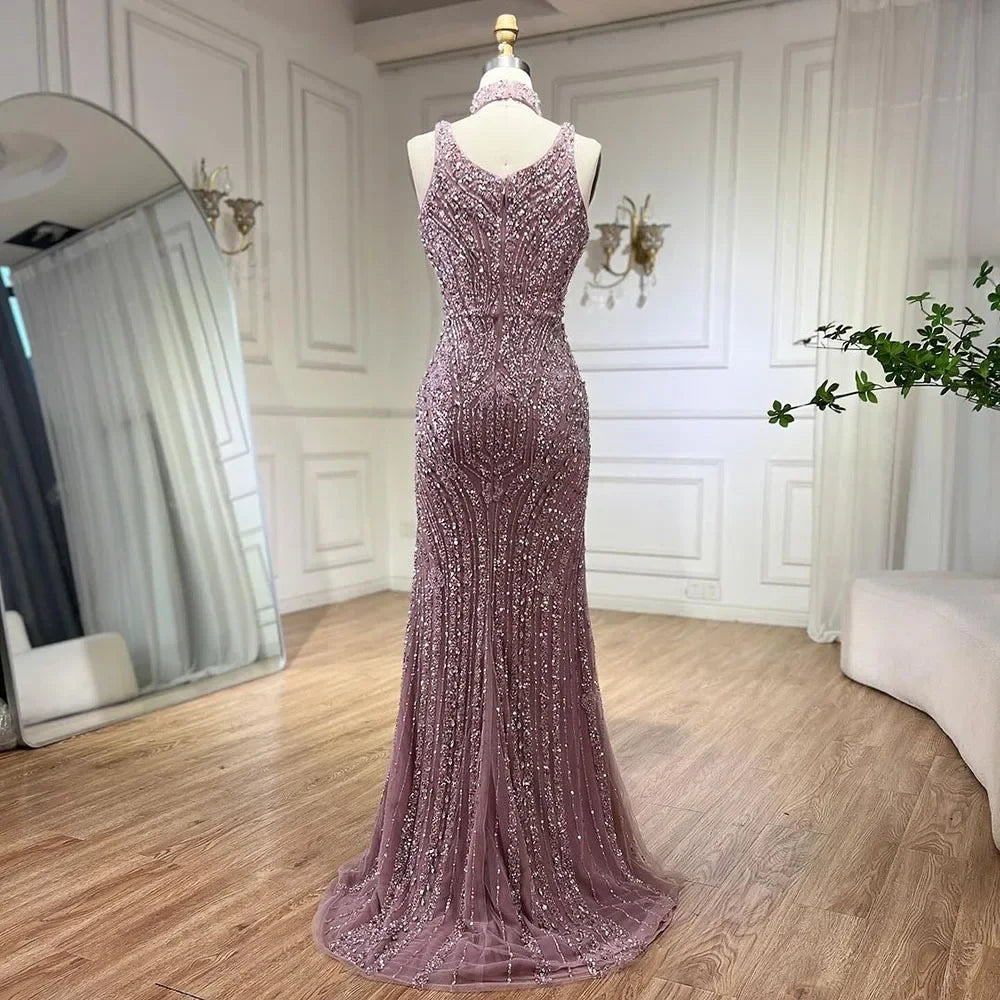 Pink Mermaid Elegant Sleeveless High Split Luxury Dubai Evening Dresses Gowns For Women Wedding Party 2025 LA72259