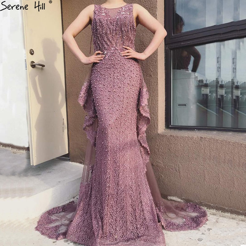 Pink Mermaid Elegant Sleeveless Sexy Evening Dresses Pearls Fashion Off Shoulder Gowns Luxury Beaded 2025 LA6527