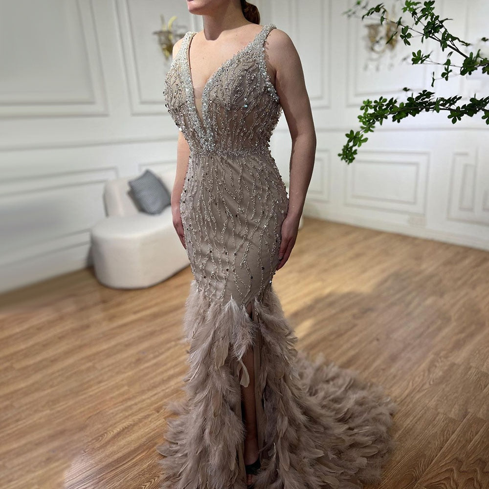 Pink Mermaid Sexy High Split V Neck Evening Dresses Feather Beaded Gowns Long 2025 For Women Wedding Party LA72152