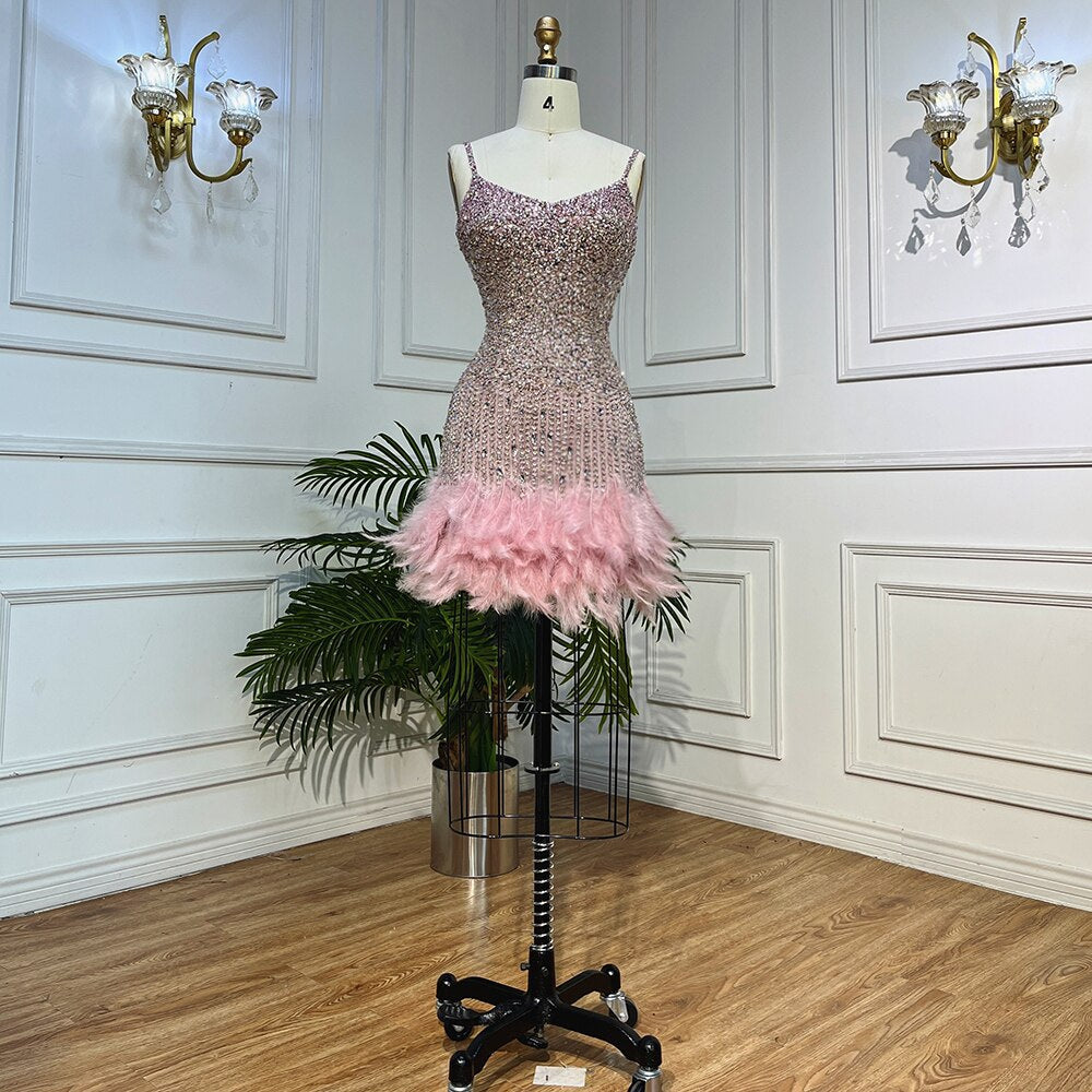 Pink Mermaid Sweatheart Spaghetti Strap Short Evening Dresses Beaded Feather Mini Gowns 2025 For Women Party LA72039