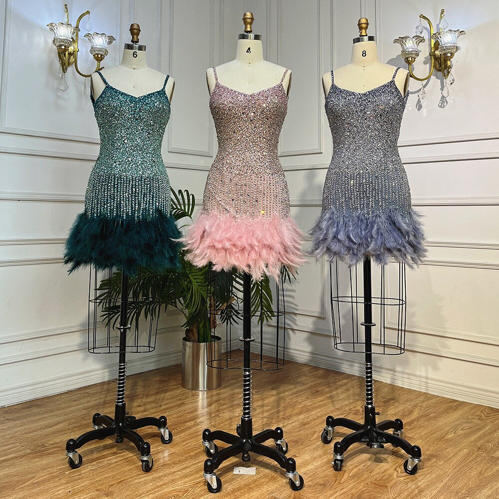 Pink Mermaid Sweatheart Spaghetti Strap Short Evening Dresses Beaded Feather Mini Gowns 2025 For Women Party LA72039